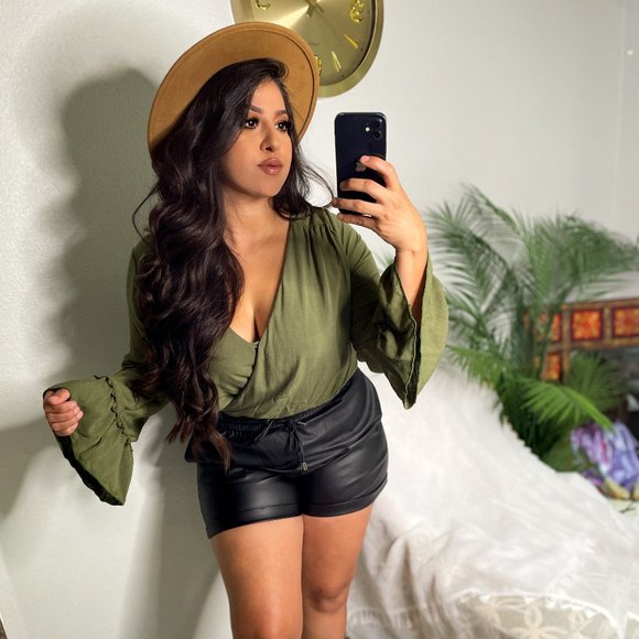 Olive Surplice Bell Sleeve Top - Picture 2 of 2